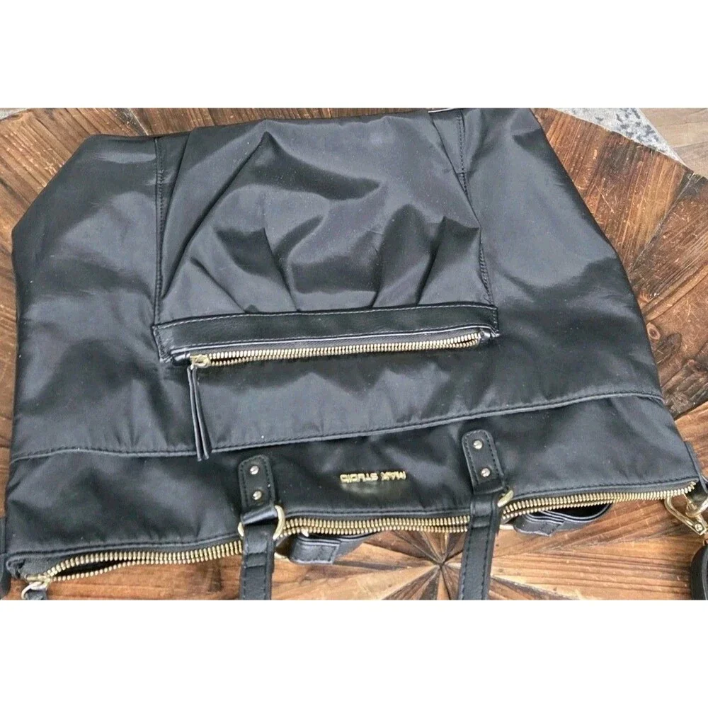 MAX STUDIO Black Satchel Top Handle Bag, Zip, Detachable Adjustable Strap, Gold